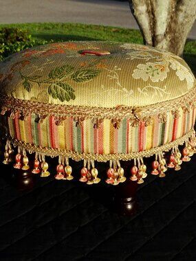 Decorative Floral Stripe and Gold Fringe Ottoman Pouf Foot Stool